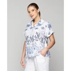 LINEATRE - Blusa Mujer Benedicta De Lino Manga Corta Con Diseño Azul Y Blanco