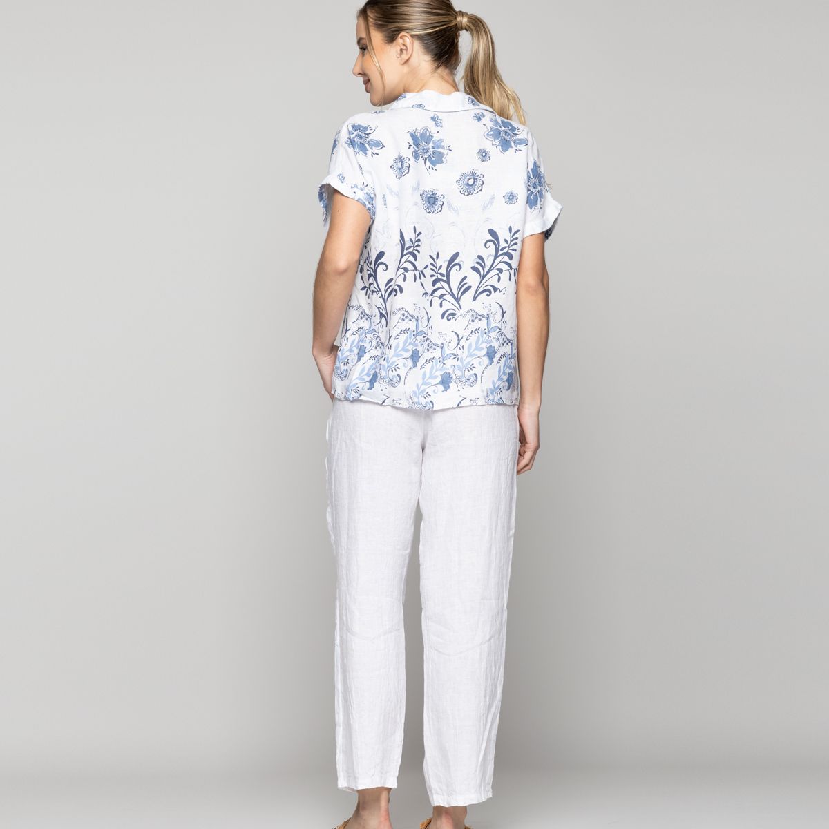 LINEATRE - Blusa Mujer Benedicta De Lino Manga Corta Con Diseño Azul Y Blanco Lineatre