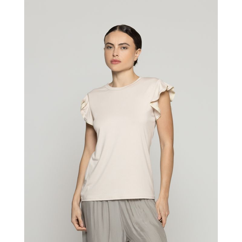 LINEATRE - Polera Mujer Básica Ondina Manga Corta Con Volantes Beige Lineatre