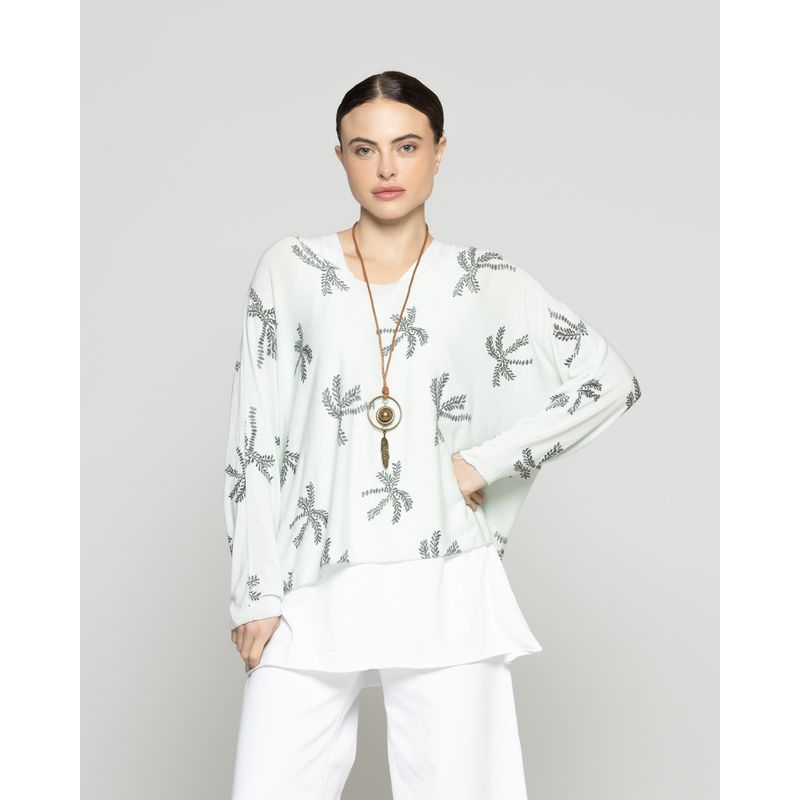 LINEATRE - Polera Mujer Oriana Estampado Hojas Verde Agua Lineatre