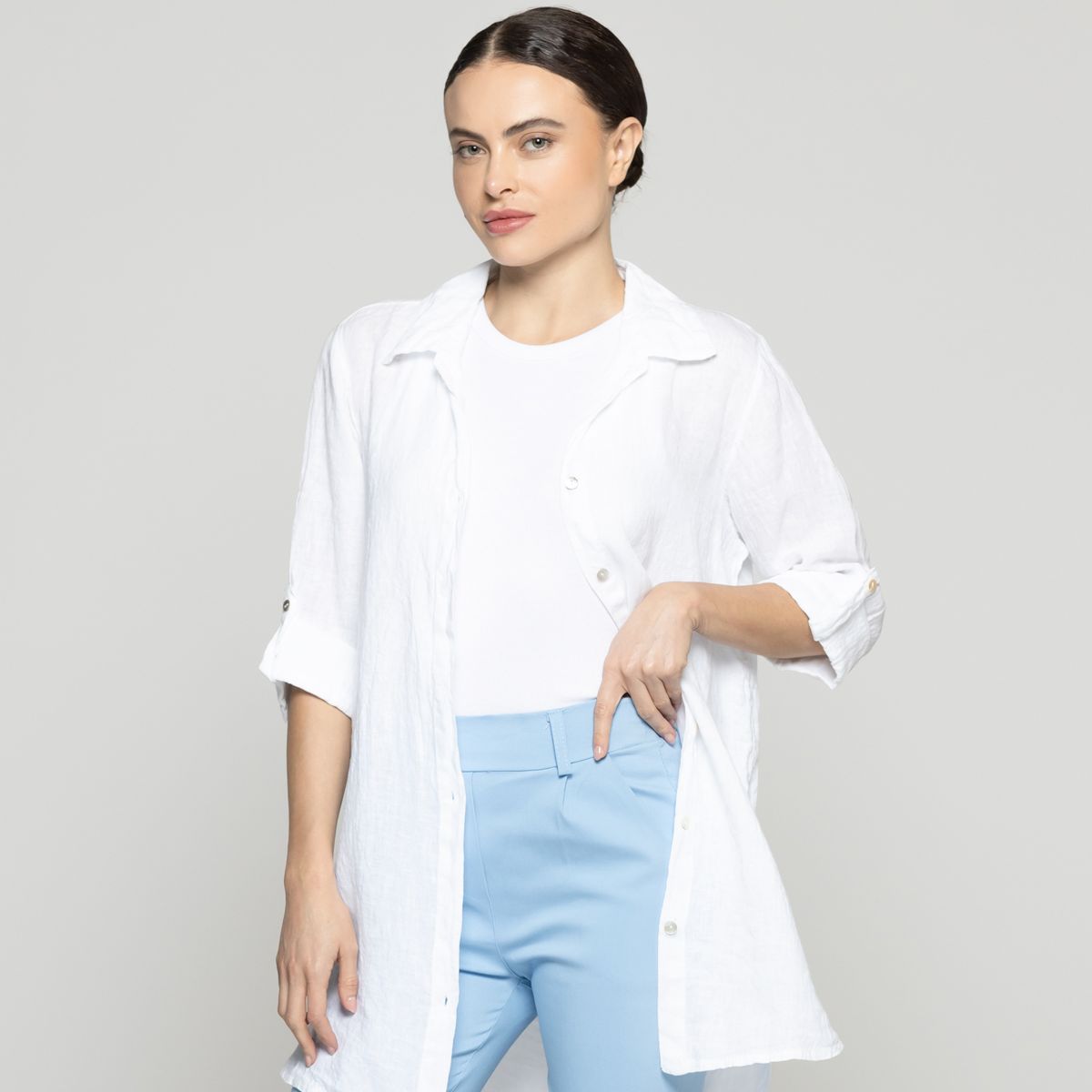 LINEATRE - Blusa Mujer Belén Lino Manga Larga Blanca Lineatre