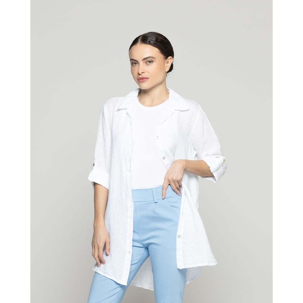 LINEATRE - Blusa Mujer Belén Lino Manga Larga Blanca Lineatre