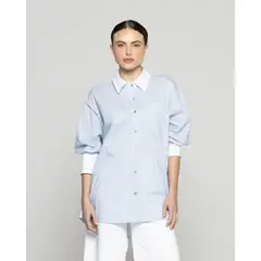 LINEATRE - Camisa Mujer Leila Oversize Con Cuello Y Puño Blanco A Rayas Celeste