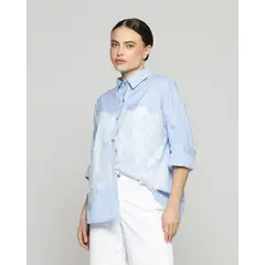 LINEATRE - Camisa Mujer Lara Con Encaje Y Rayas Celeste