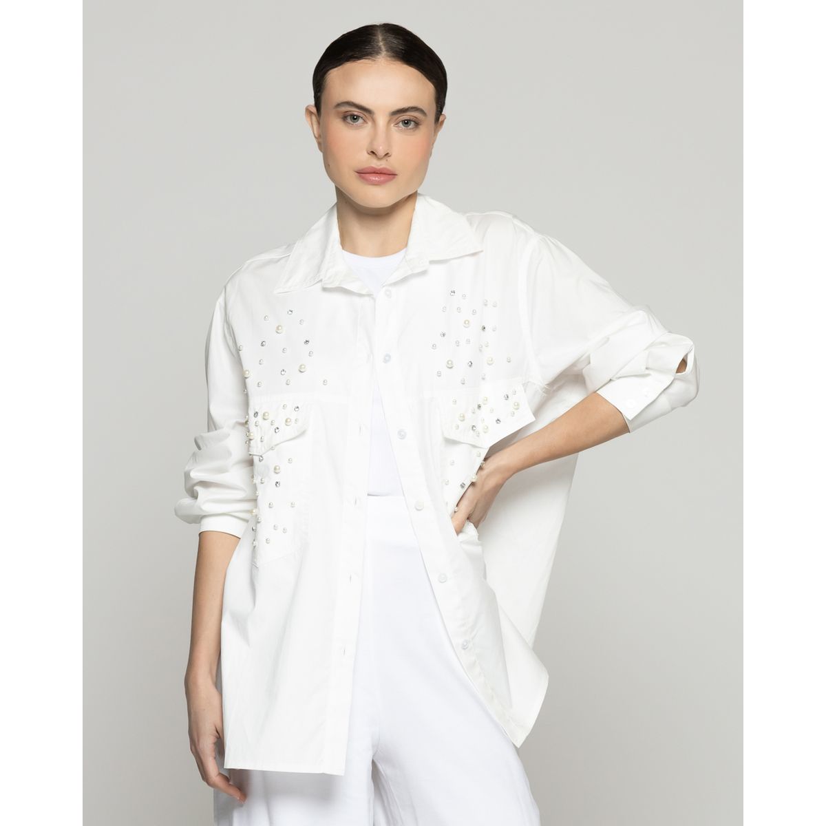 LINEATRE - Blusa Mujer Bintou Con Aplicaciones De Perlas Y Brillos Blanca Lineatre