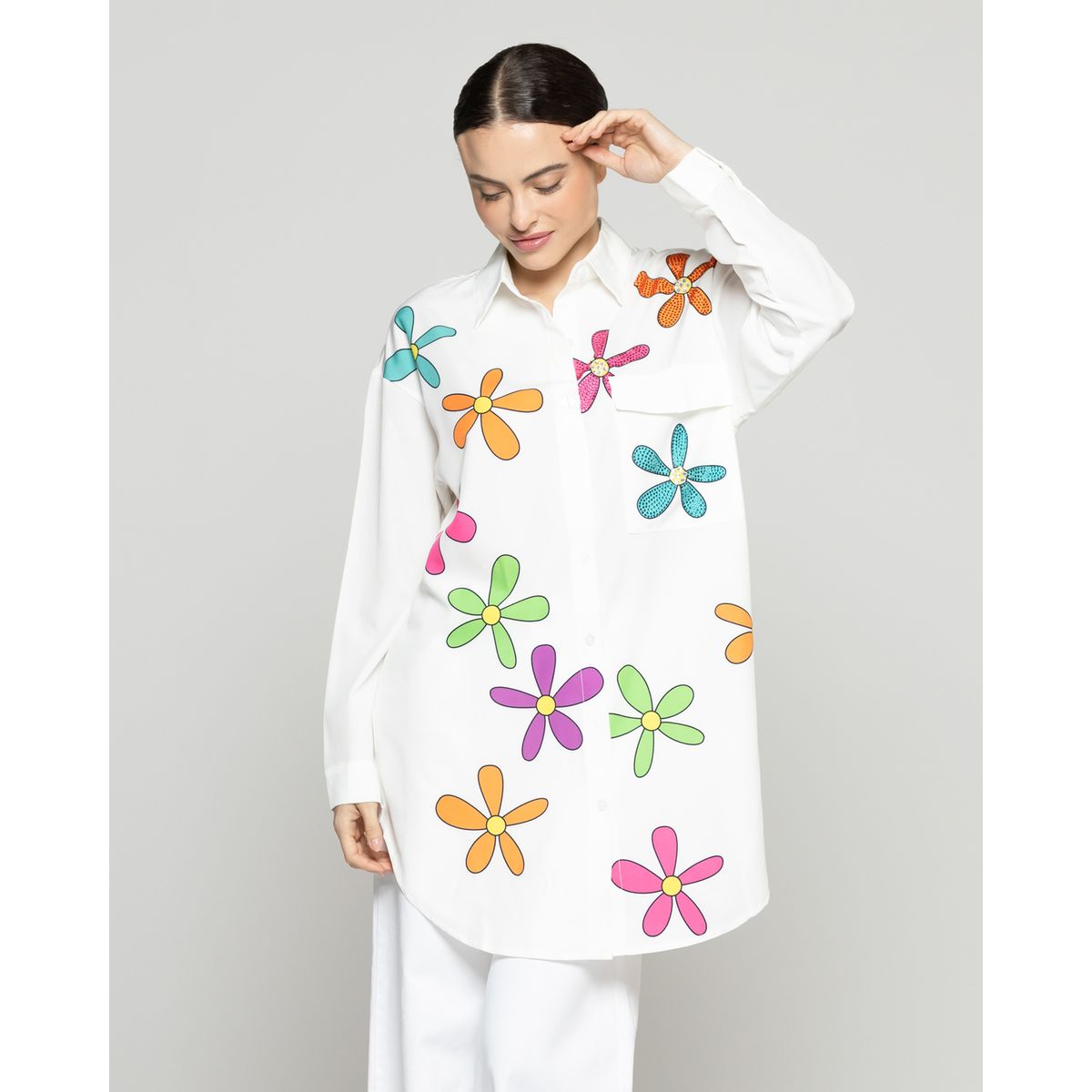 LINEATRE - Blusa Mujer Branka Larga Con Diseño De Flores Y Brillos Blanca Lineatre