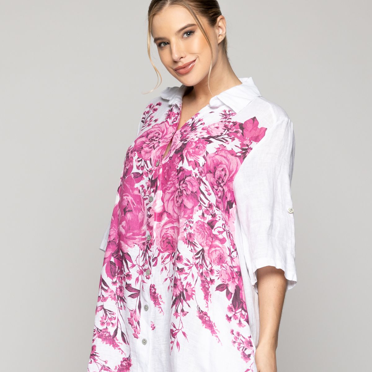 LINEATRE - Blusón Mujer Betania De Lino Con Estampado De Flores Fucsia Blanco Lineatre