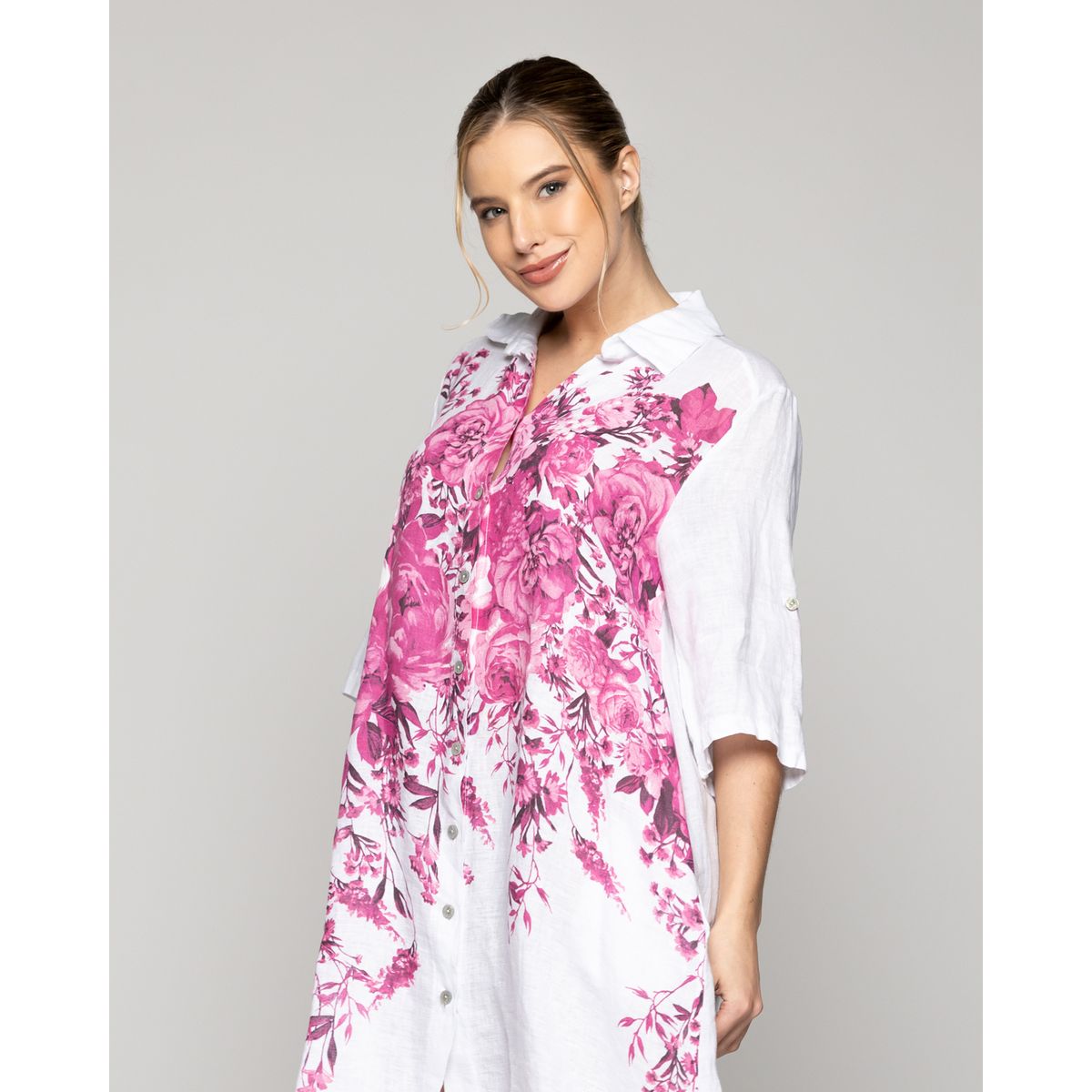 LINEATRE - Blusón Mujer Betania De Lino Con Estampado De Flores Fucsia Blanco Lineatre