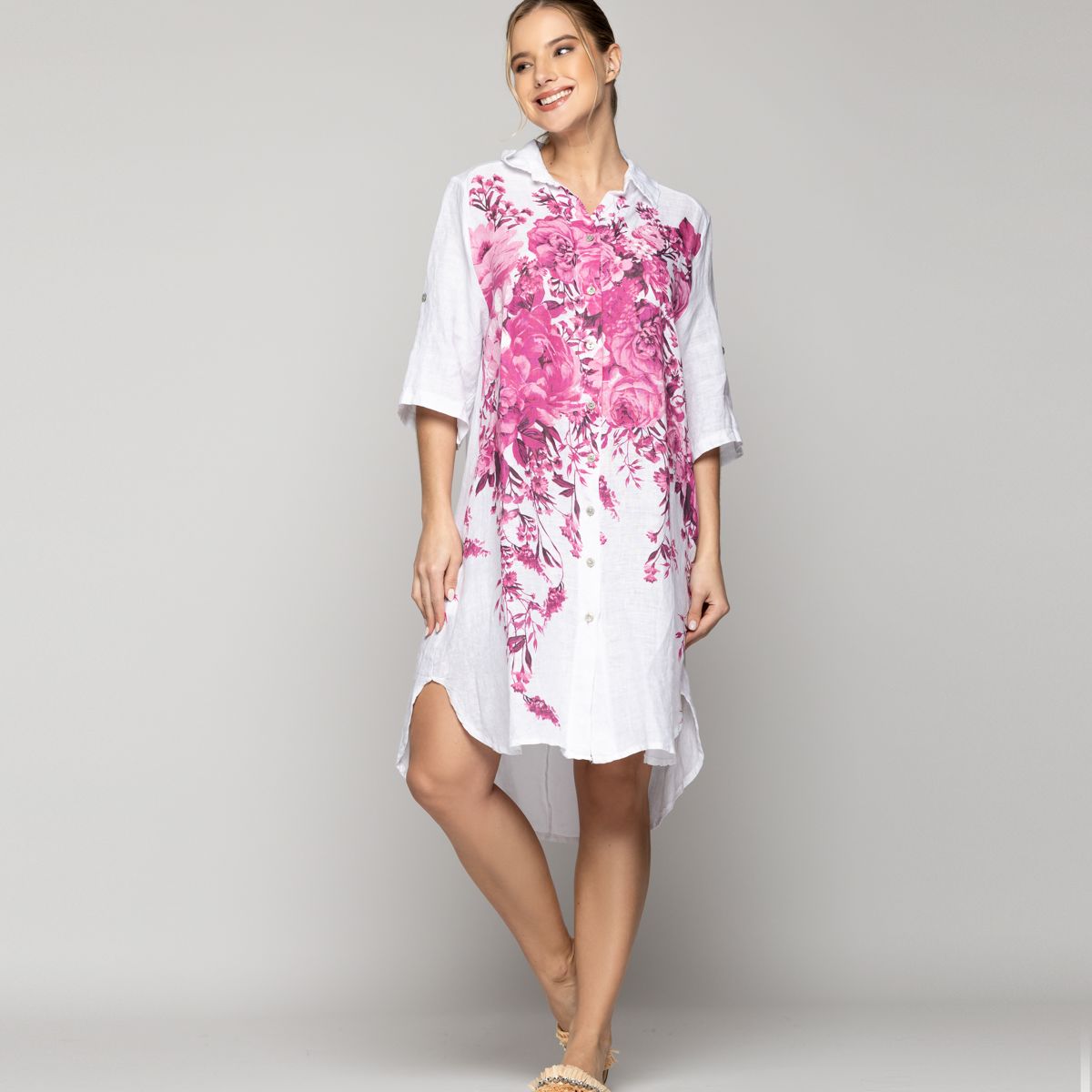 LINEATRE - Blusón Mujer Betania De Lino Con Estampado De Flores Fucsia Blanco Lineatre