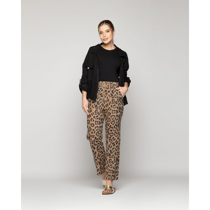 LINEATRE - Pantalón Mujer Paz De Lino Elasticado Leopardo Lineatre