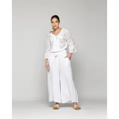LINEATRE - Pantalón Mujer Cristina De Lino Ancho Con Cintura Elasticada Blanco