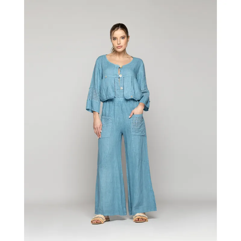 LINEATRE - Pantalón Mujer Celestina Palazzo De Lino Con Elástico Y Detalles Calados Azul Lineatre