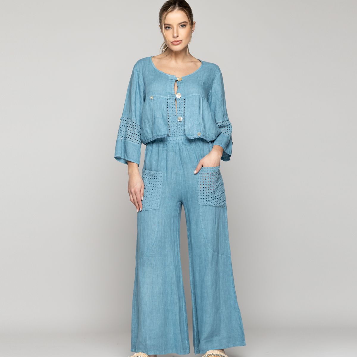LINEATRE - Pantalón Mujer Celestina Palazzo De Lino Con Elástico Y Detalles Calados Azul Lineatre