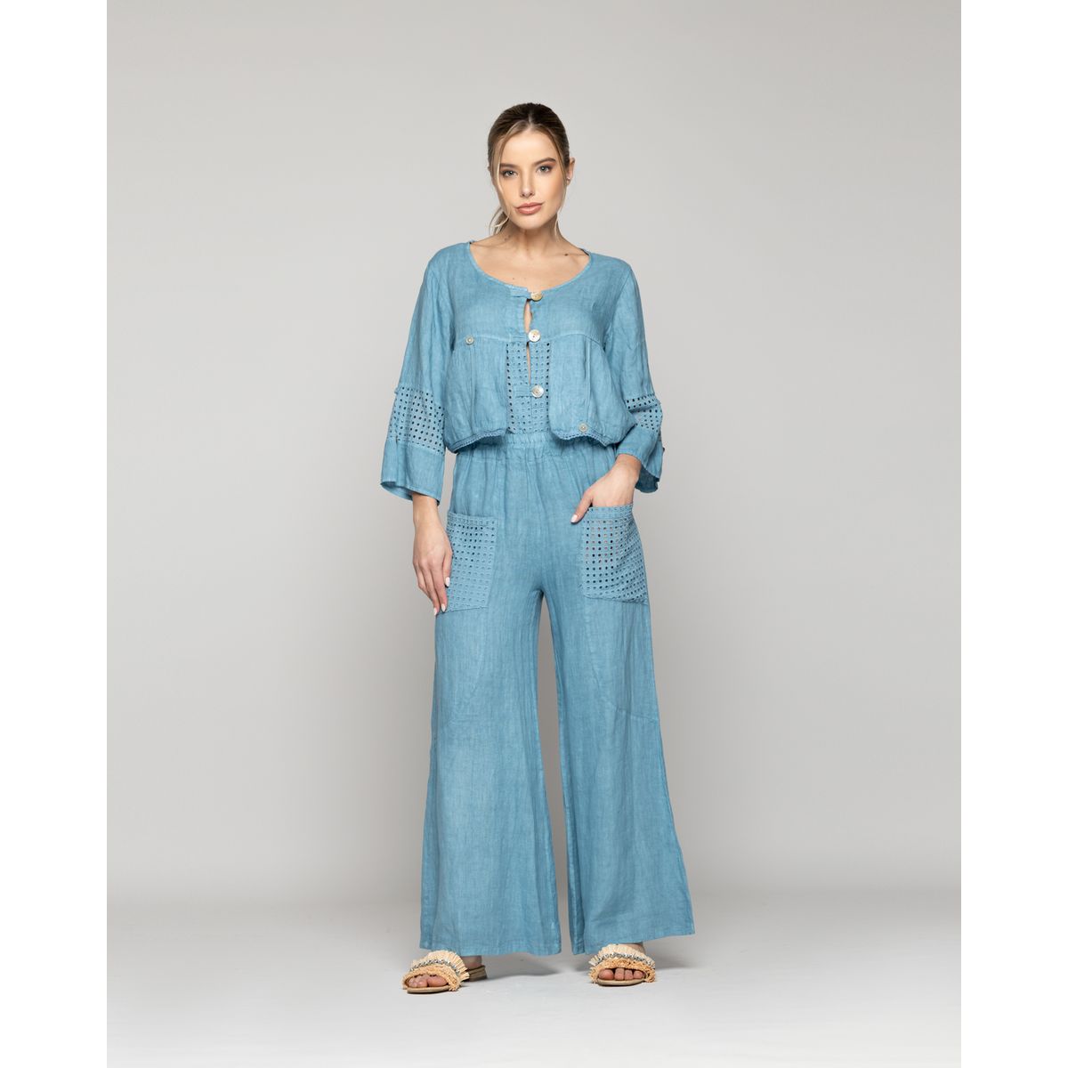 LINEATRE - Pantalón Mujer Celestina Palazzo De Lino Con Elástico Y Detalles Calados Azul Lineatre
