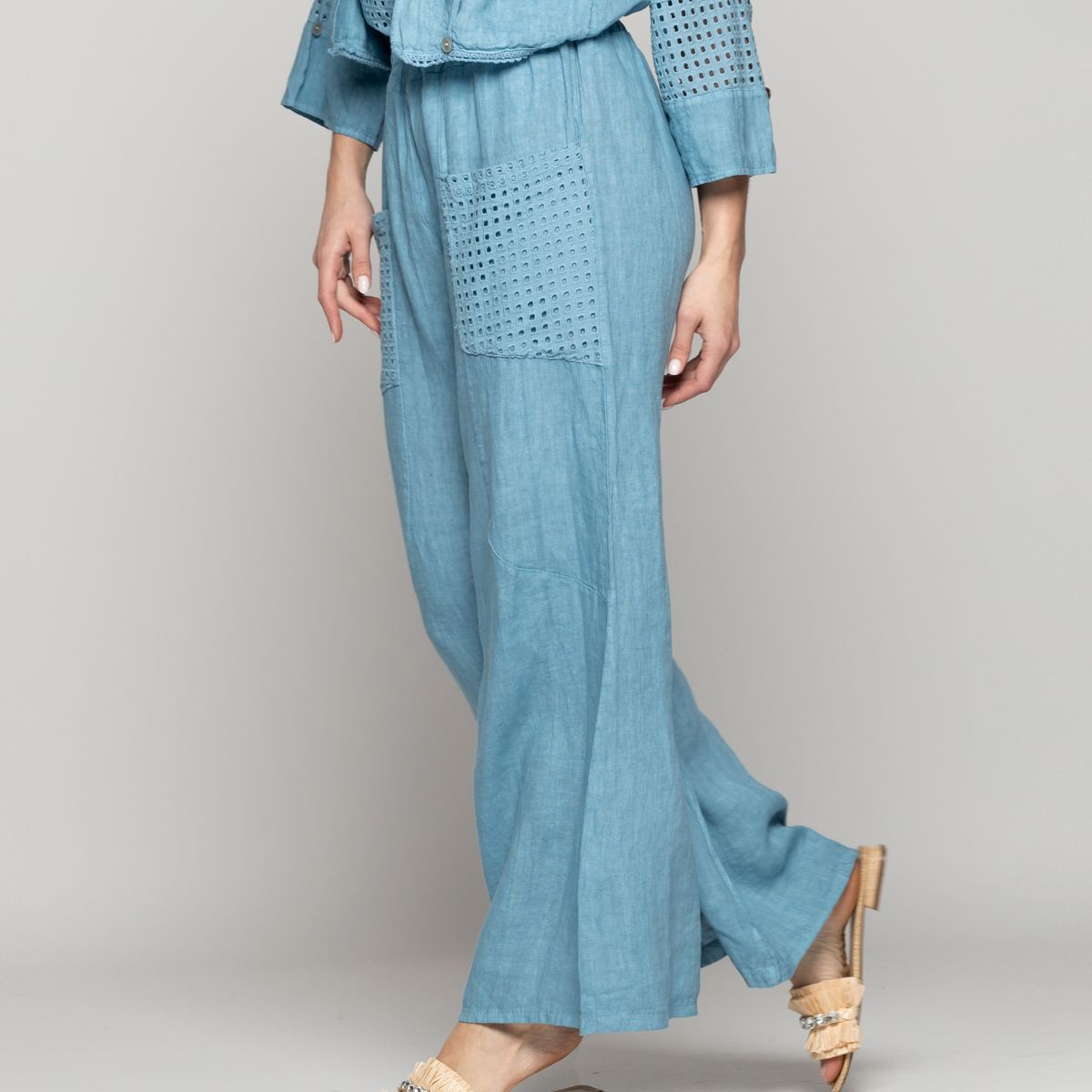 LINEATRE - Pantalón Mujer Celestina Palazzo De Lino Con Elástico Y Detalles Calados Azul Lineatre