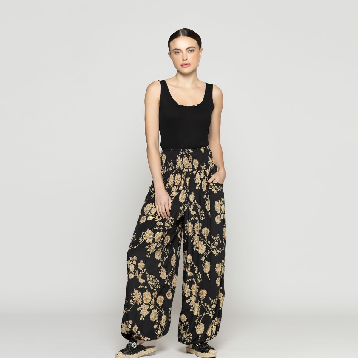 LINEATRE - Pantalón Mujer Bombacho Pierangela Estampado beige Y Negro Con Toques Dorados Lineatre