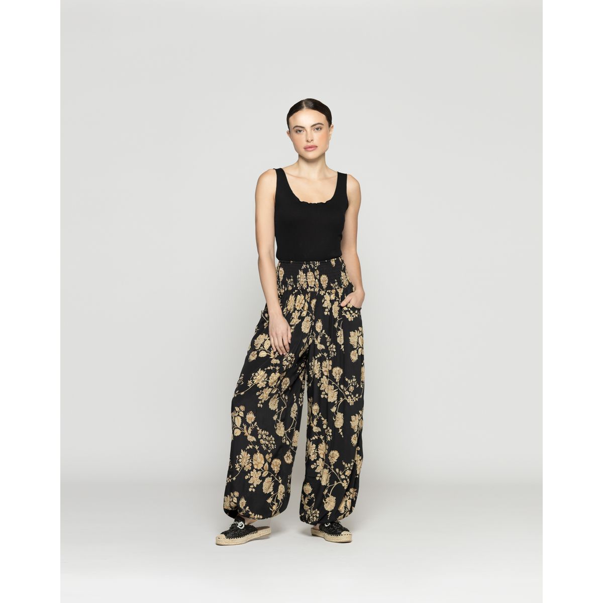 LINEATRE - Pantalón Mujer Bombacho Pierangela Estampado beige Y Negro Con Toques Dorados Lineatre