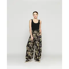 LINEATRE - Pantalón Mujer Bombacho Pierangela Estampado beige Y Negro Con Toques Dorados