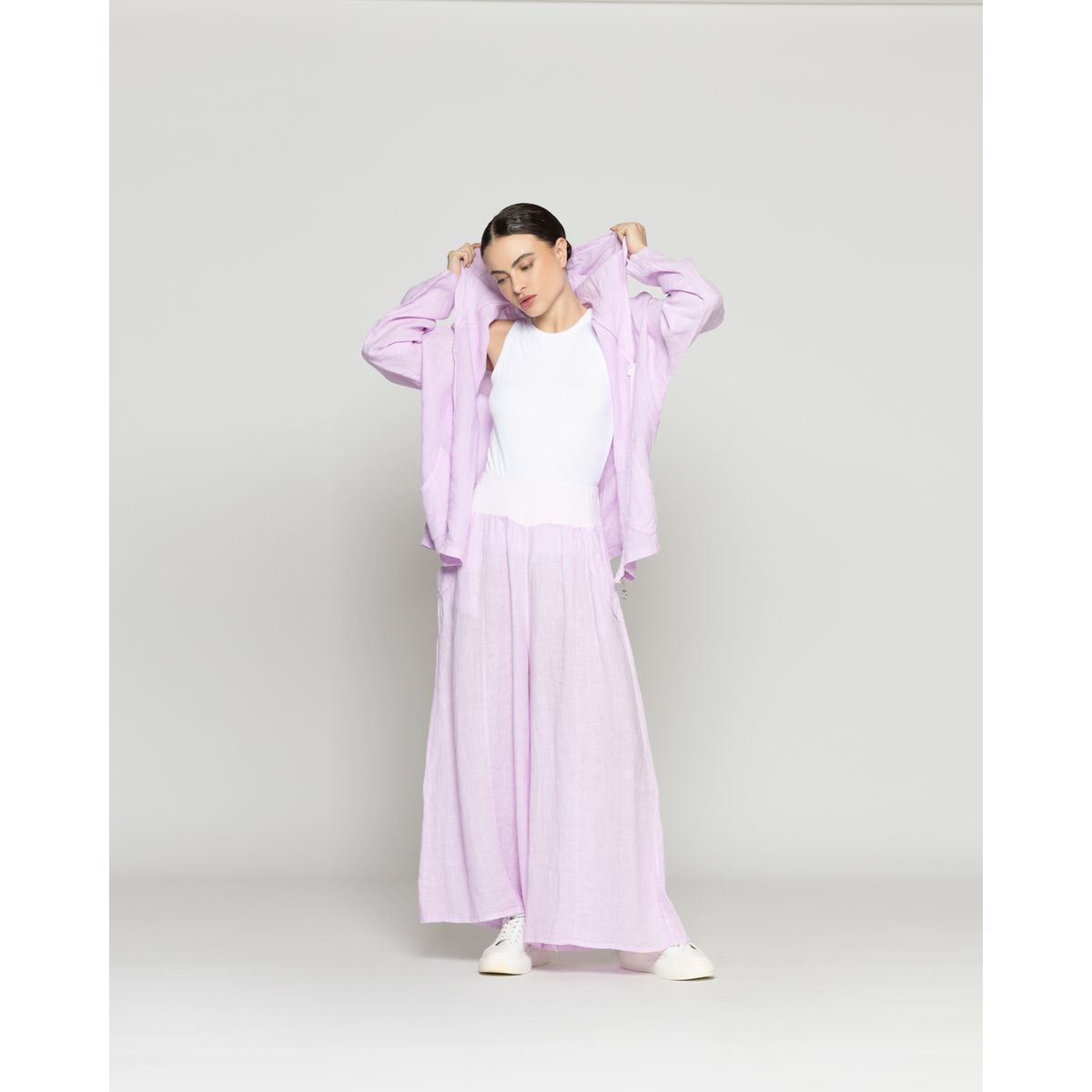 LINEATRE - Pantalón Mujer Cristina De Lino Ancho Con Cintura Elasticada Lila Lineatre