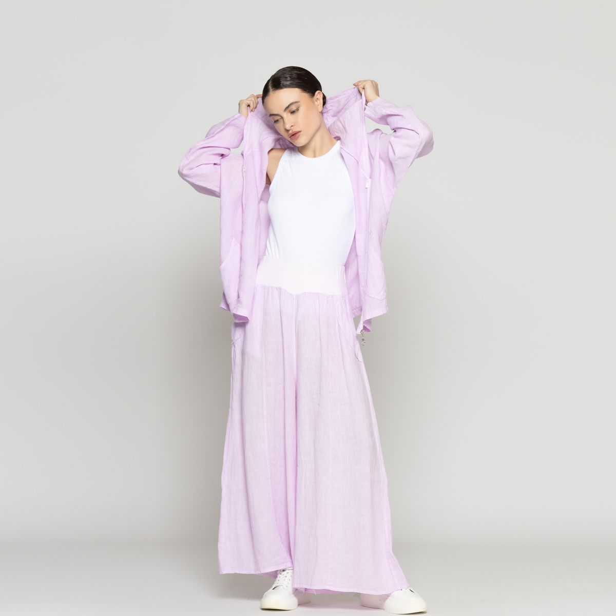 LINEATRE - Pantalón Mujer Cristina De Lino Ancho Con Cintura Elasticada Lila