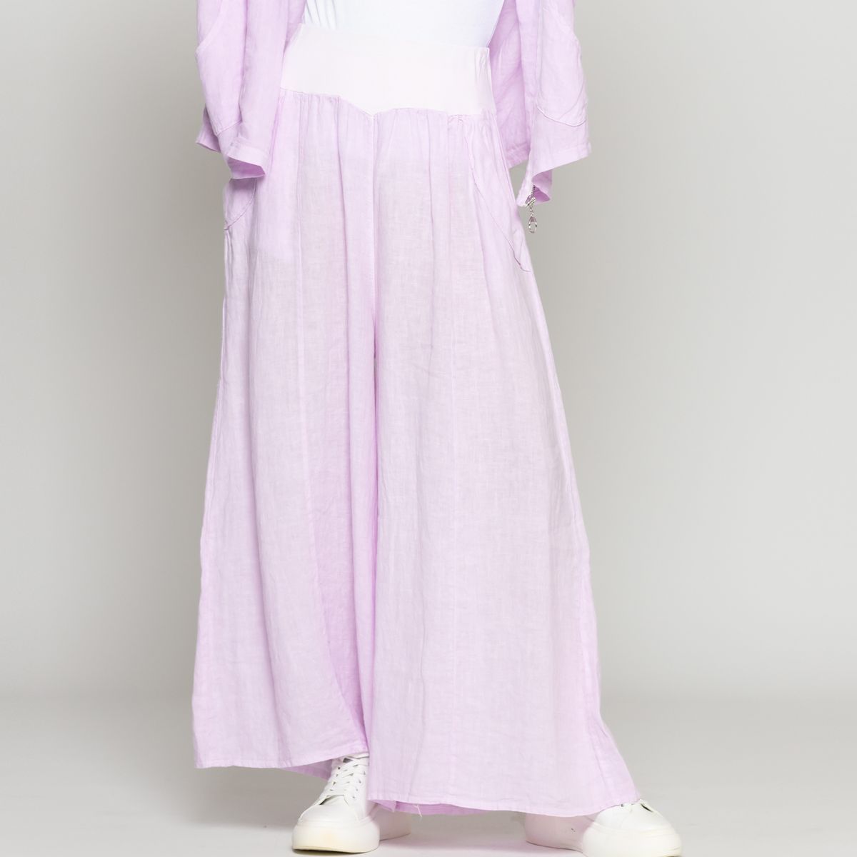 LINEATRE - Pantalón Mujer Cristina De Lino Ancho Con Cintura Elasticada Lila