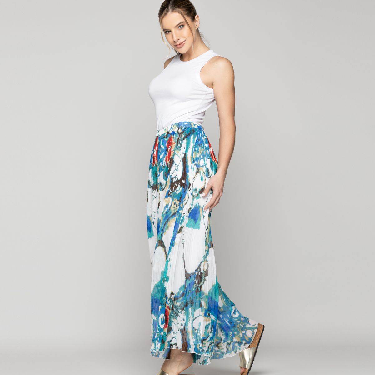 LINEATRE - Pantalón Mujer Pía Palazzo Plisado Estampado Azul Lineatre