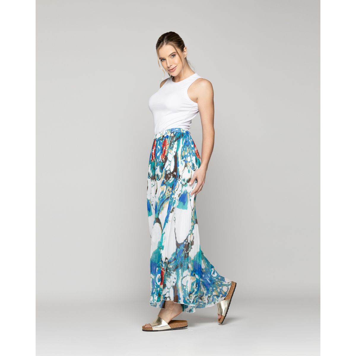 LINEATRE - Pantalón Mujer Pía Palazzo Plisado Estampado Azul Lineatre