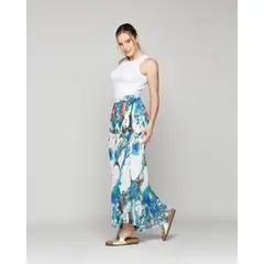 LINEATRE - Pantalón Mujer Pía Palazzo Plisado Estampado Azul