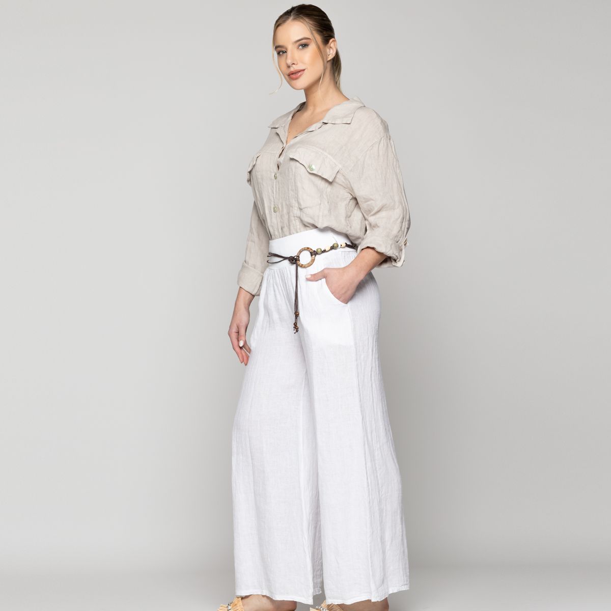 LINEATRE - Pantalón Mujer Paola Palazzo De Lino Blanco Lineatre