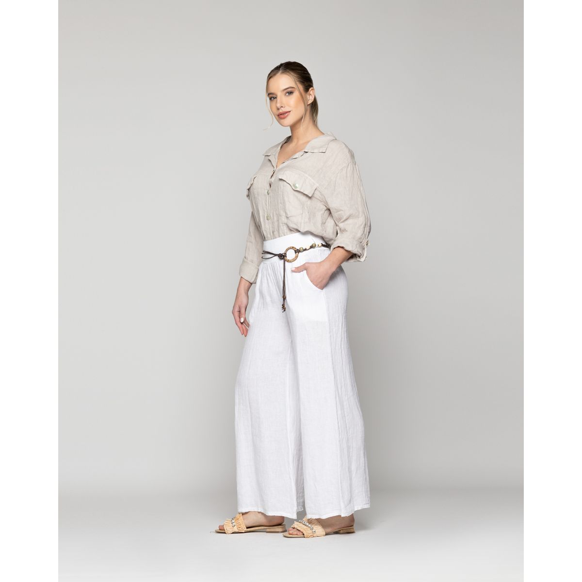 LINEATRE - Pantalón Mujer Paola Palazzo De Lino Blanco Lineatre