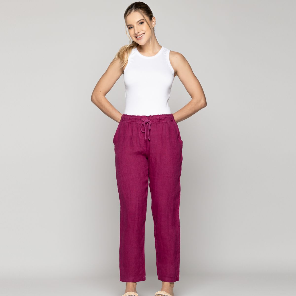 LINEATRE - Pantalón Mujer Belén Lino Morado Oscuro Lineatre
