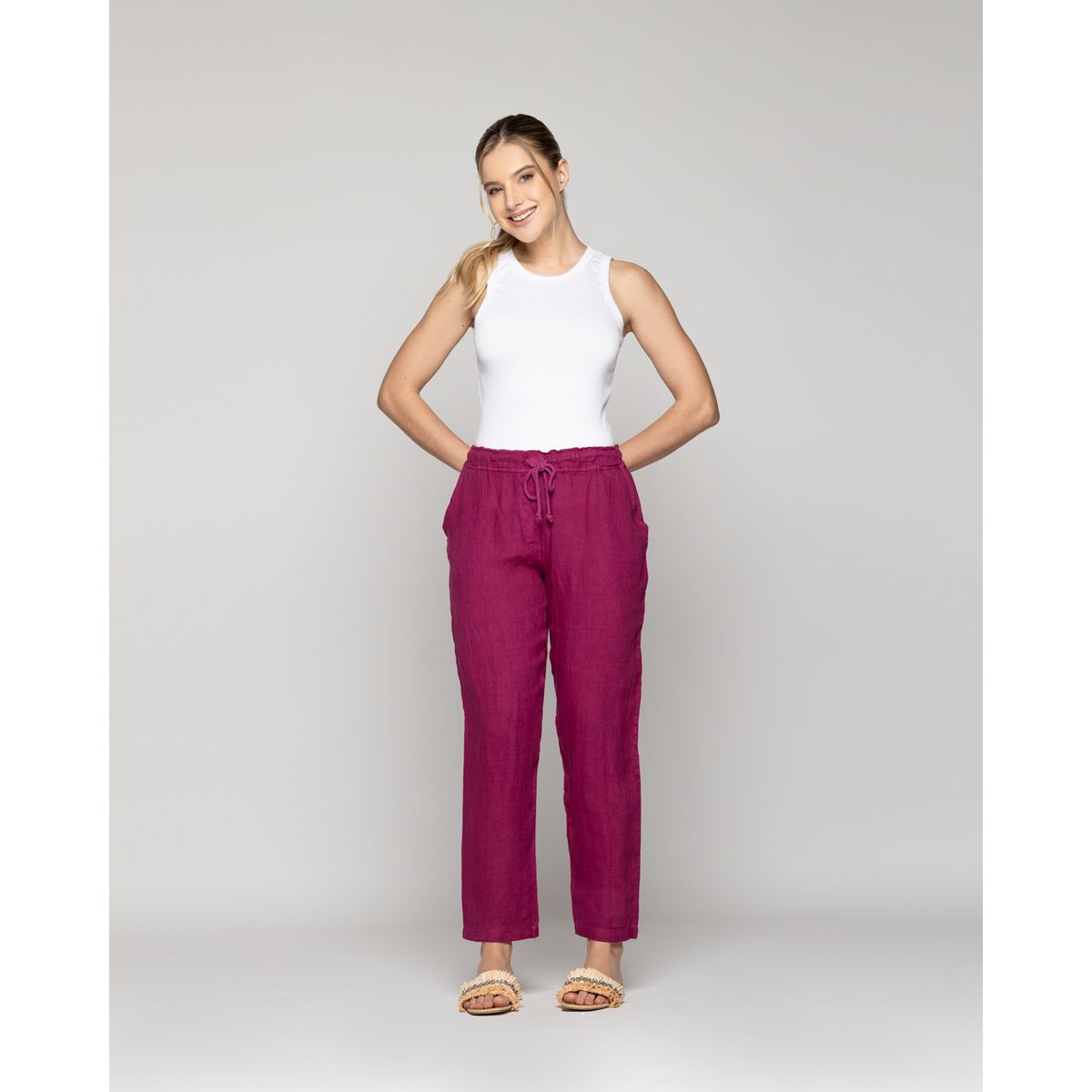 LINEATRE - Pantalón Mujer Belén Lino Morado Oscuro Lineatre