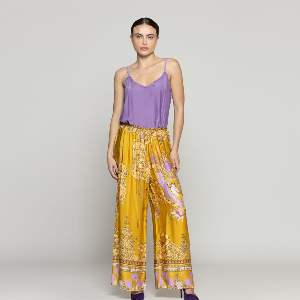 LINEATRE - Pantalón Mujer Daniella Palazzo Satinado Amarillo Lineatre