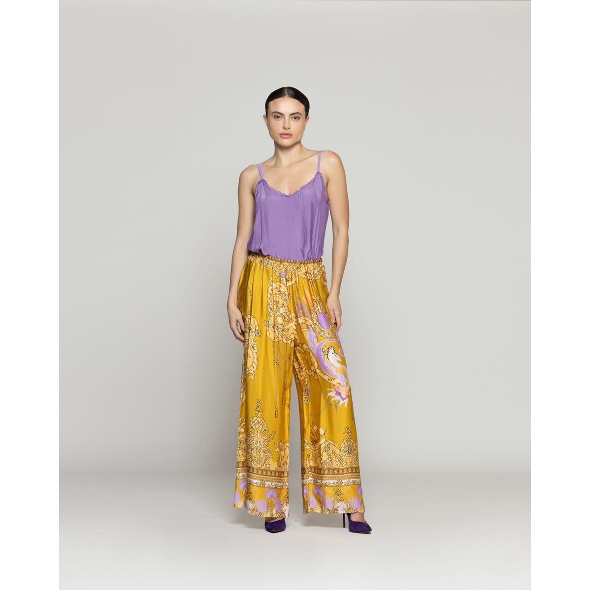 LINEATRE - Pantalón Mujer Daniella Palazzo Satinado Amarillo Lineatre