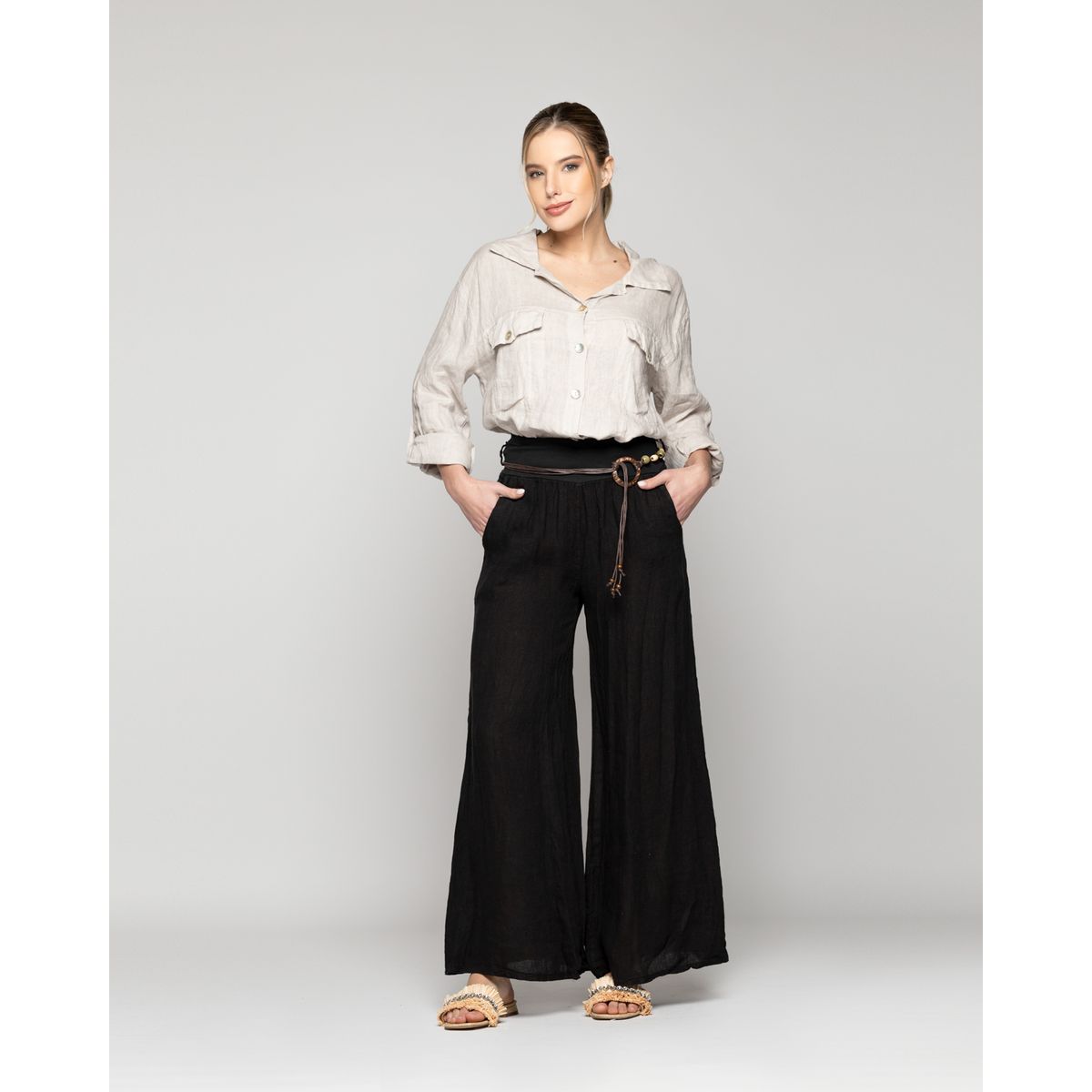 LINEATRE - Pantalón Mujer Paola Palazzo De Lino Negro Lineatre