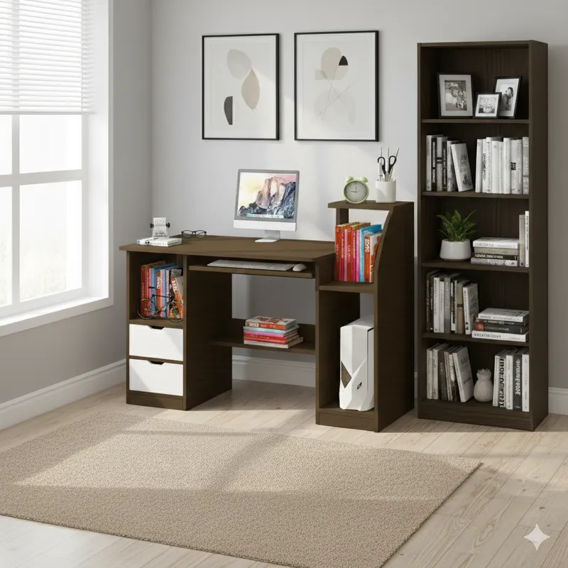 SPACE HOME - escritorio marron moderno con gavetas biblioteca