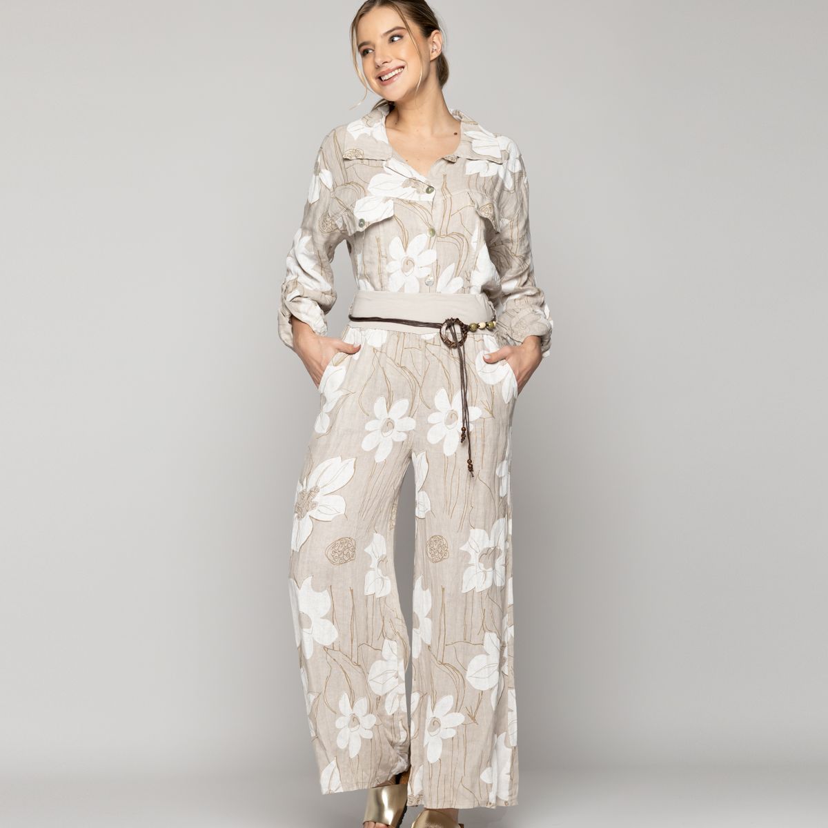 LINEATRE - Pantalón Mujer Carmen De Lino Con Estampado Floral Beige Lineatre