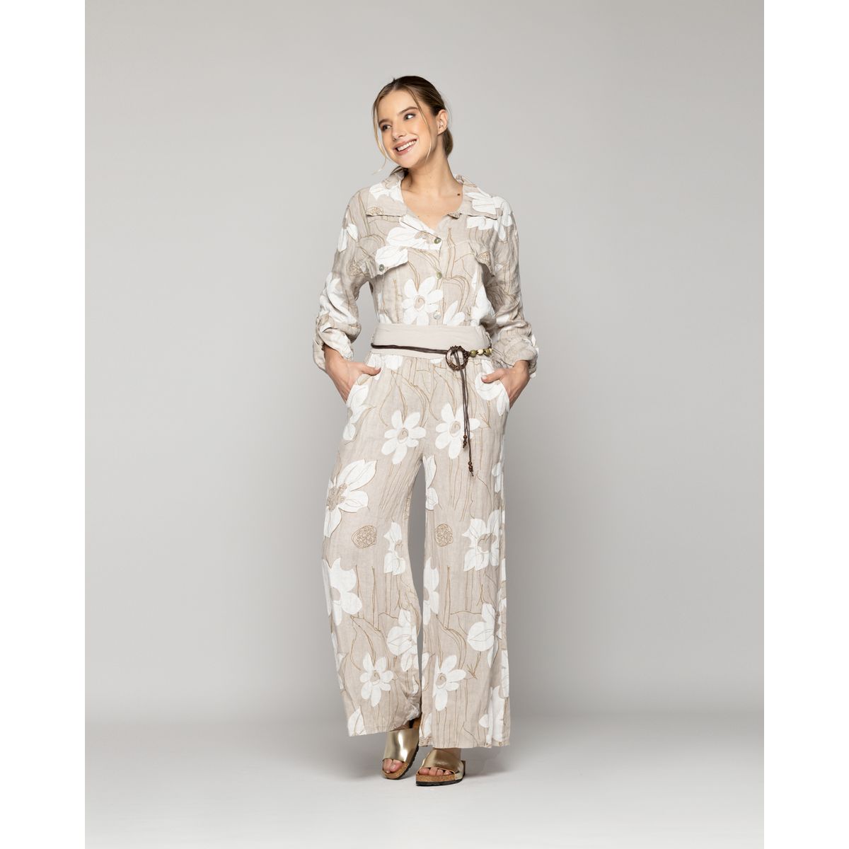 LINEATRE - Pantalón Mujer Carmen De Lino Con Estampado Floral Beige Lineatre