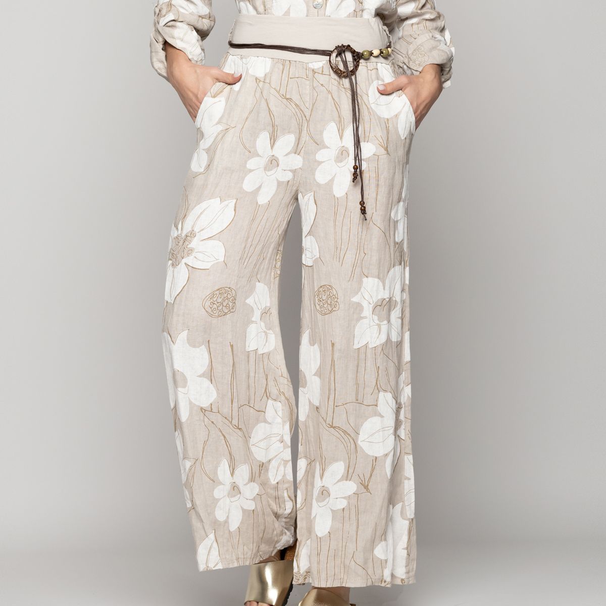 LINEATRE - Pantalón Mujer Carmen De Lino Con Estampado Floral Beige Lineatre