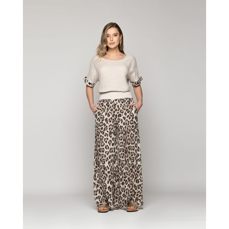 LINEATRE - Pantalón Mujer Bettina De Lino Con Diseño Leopardo Café Lineatre