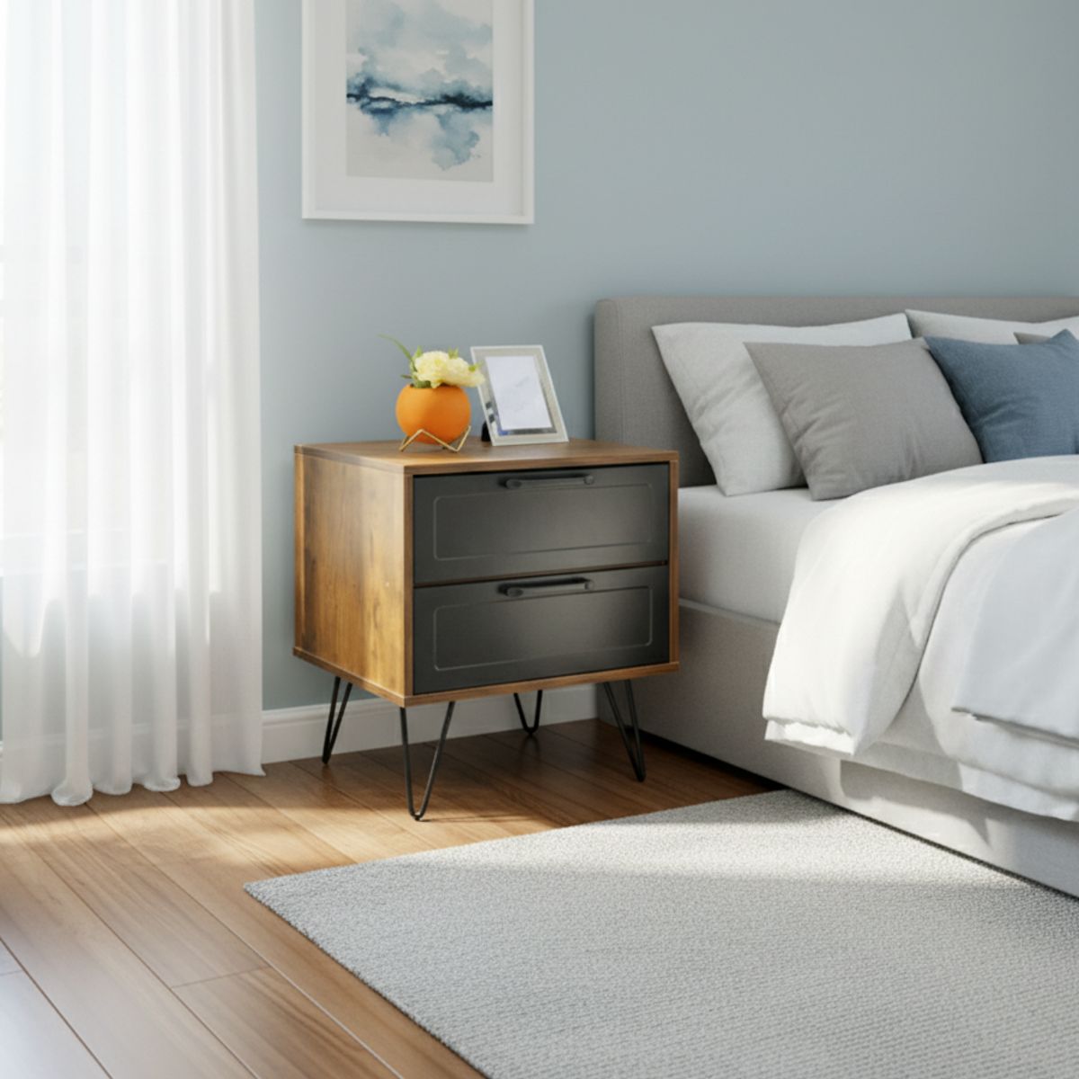 SPACE HOME - Velador/Mesa de Noche Vintage Industrial con 2 Cajones