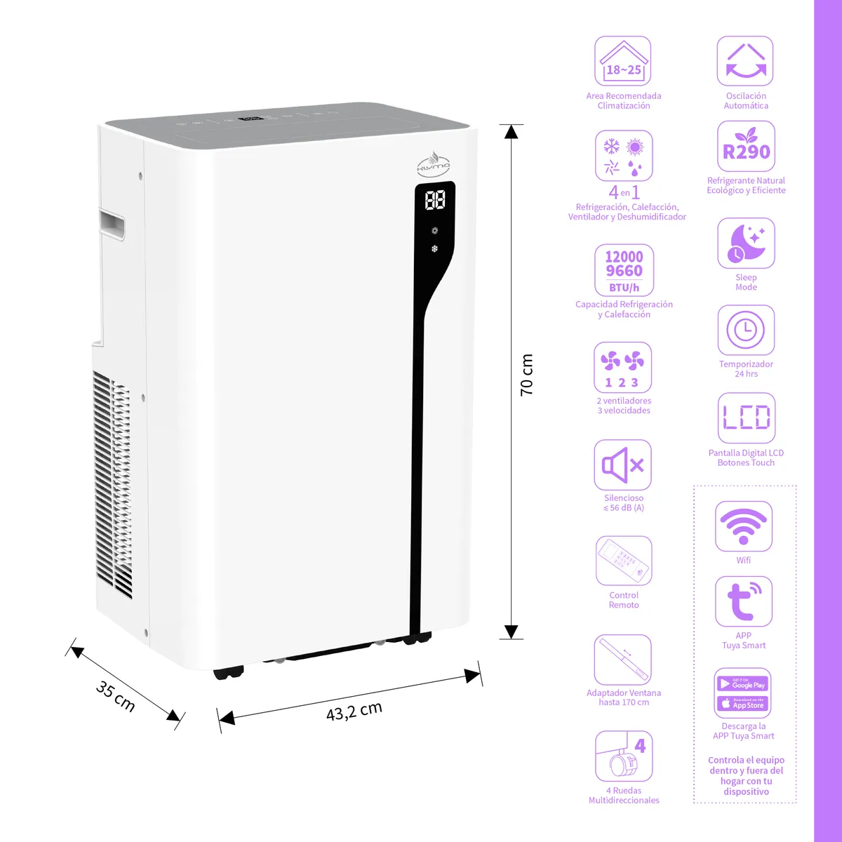 KLYMA - Aire Acondicionado Portátil FRIO-CALOR Calefactor 4en1 WiFi 12000 BTU KÖLD 12wf PRO White
