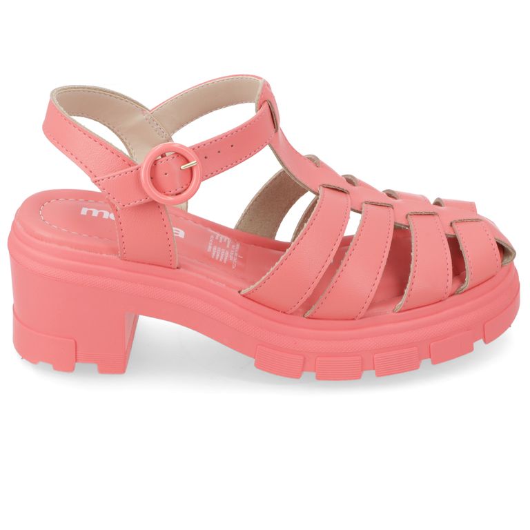 Sandalias Taco Ancho 7cm Mujer Eco Cuero Coral