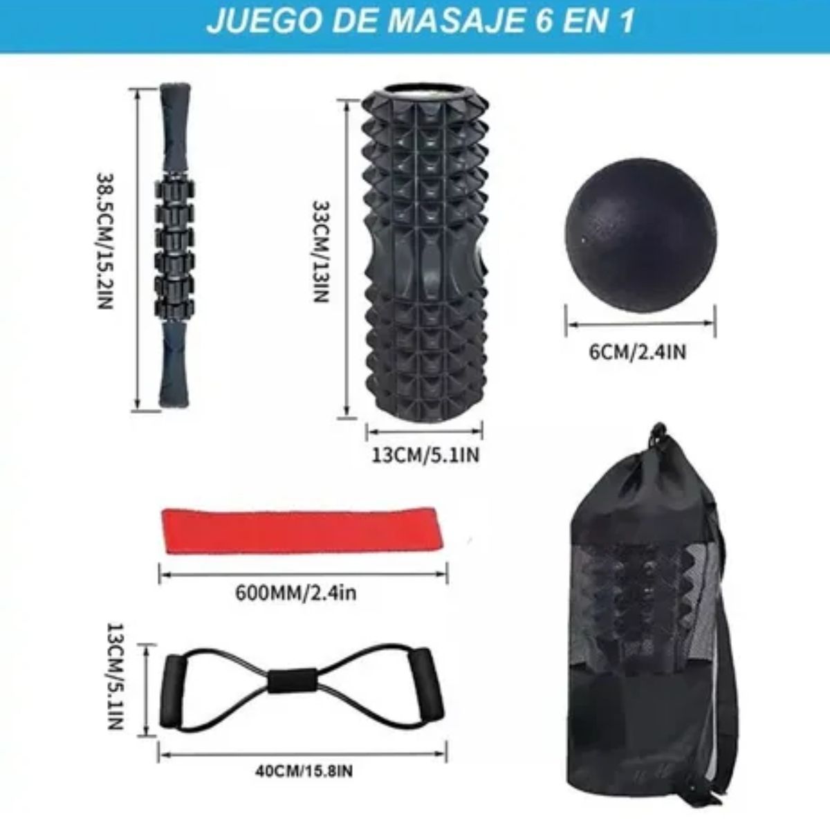 CRUSEC - Rodillo Masaje Muscular Kit 6 Piezas Yoga Pilates Elongacion