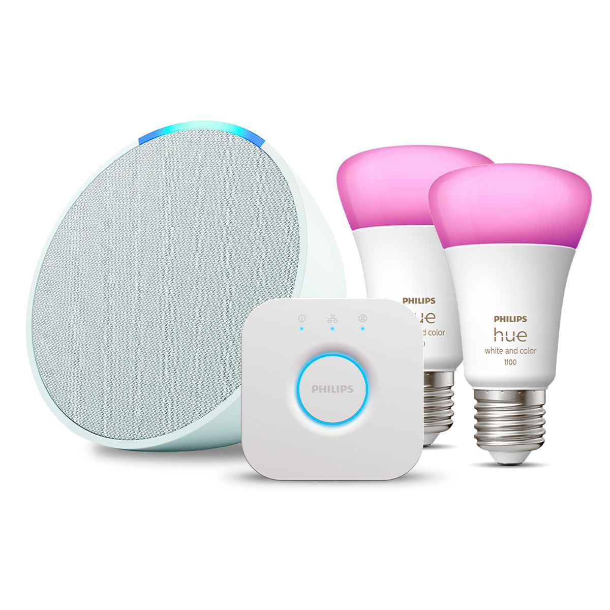 AMAZON - Kit Amazon Echo POP Glacier White + 2 Ampolletas y Bridge Philips