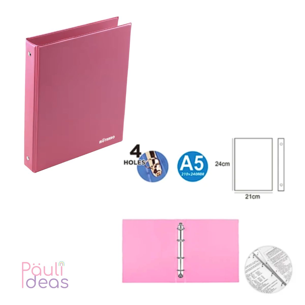 MOTARRO - Archivador A5 De Pvc Con 4 Anillos Carpeta Organizadora
