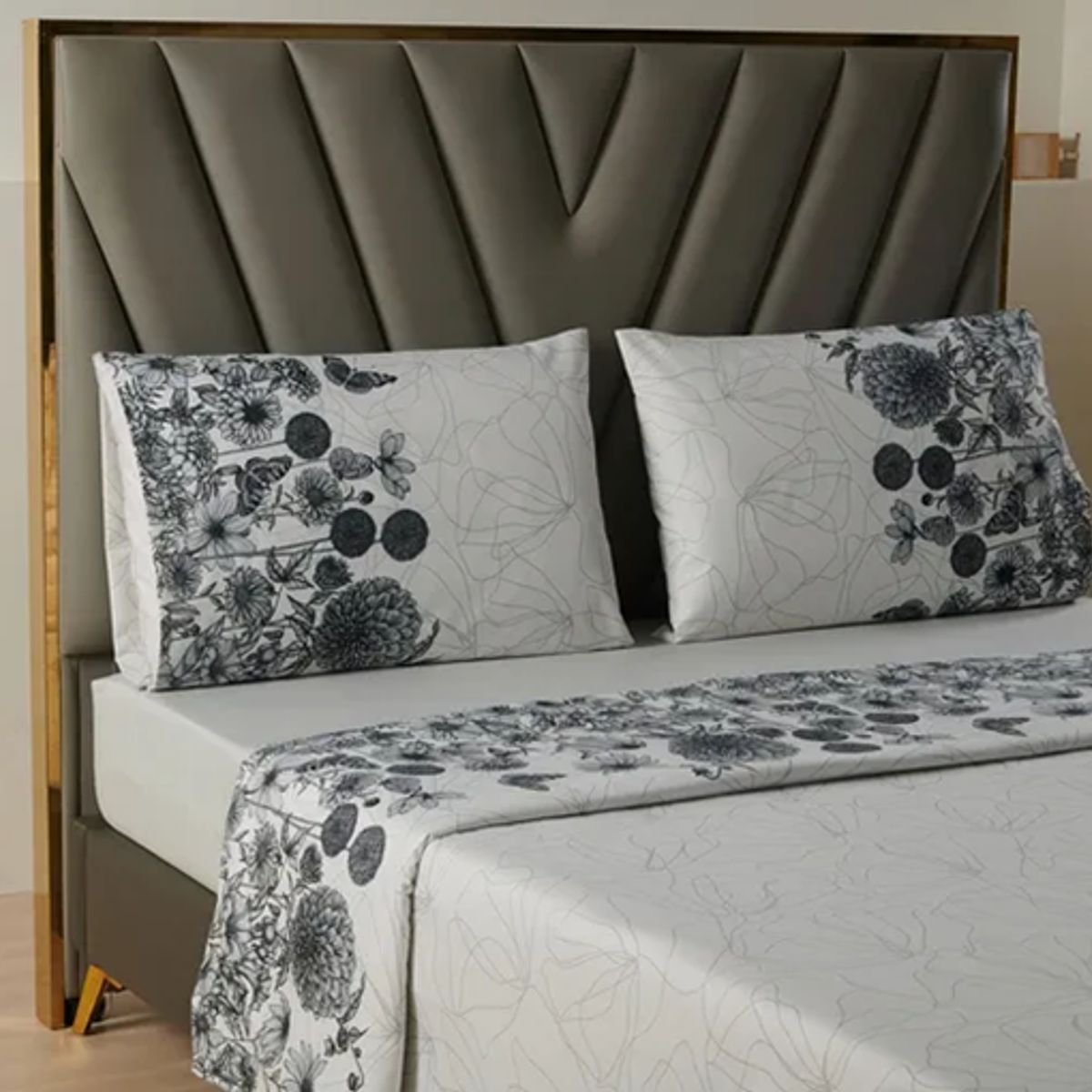 GENERICO - Juego sabanas casatua estampadas flores king color gris