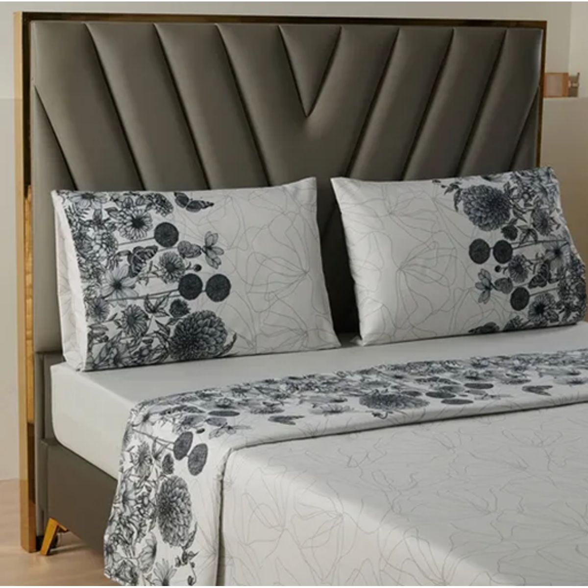 GENERICO - Juego sabanas casatua estampadas flores king color gris