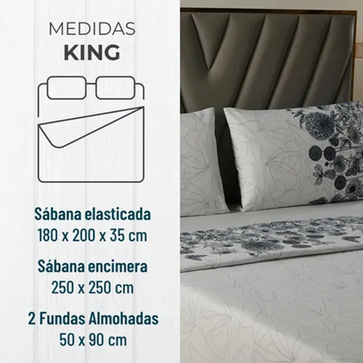 GENERICO - Juego sabanas casatua estampadas flores king color gris