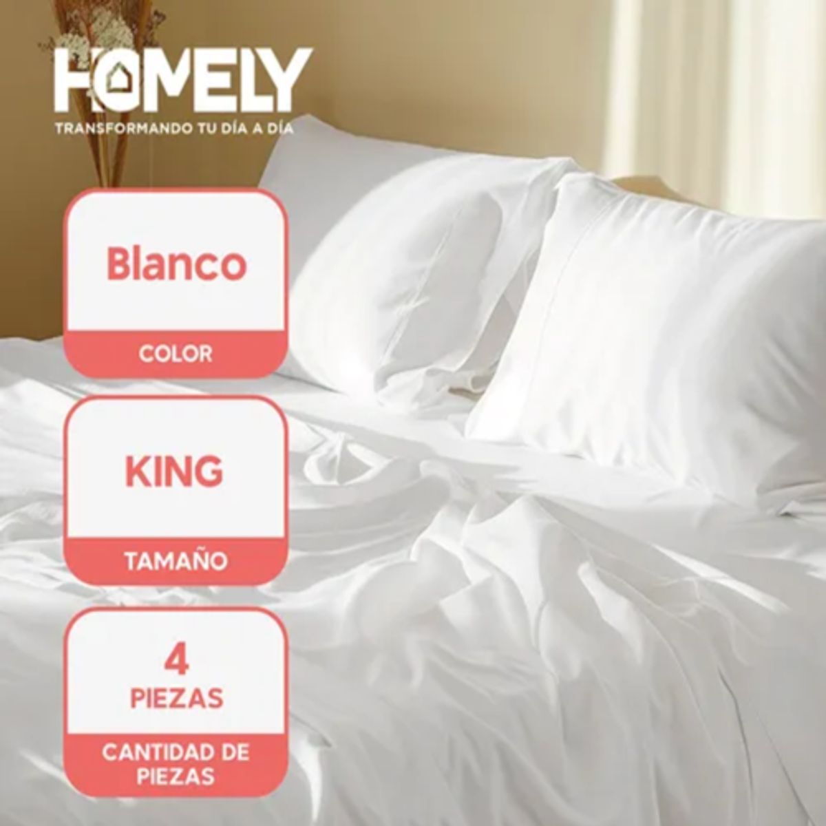 GENERICO - Juego sabanas king Homely 100 gsm 4 pzas color blanco